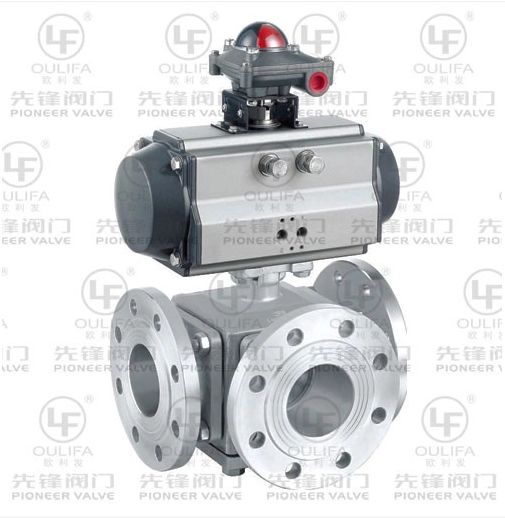 V&aacute;lvula esf&eacute;rica flangeada pneum&aacute;tica de 3 vias, porta L ou porta T